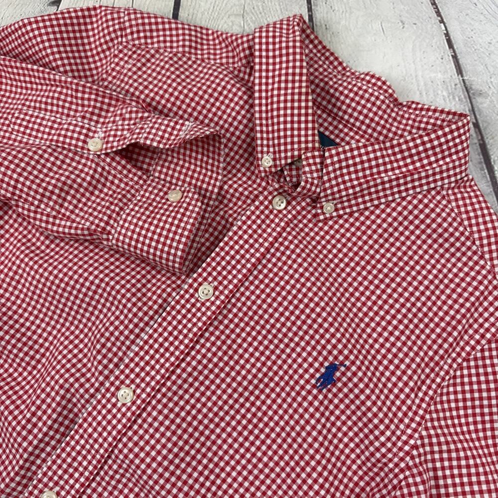Ralph Lauren Boys 14-16 Red White Gingham Check Long Sleeve Button Down Shirt